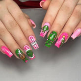 VGNRAR Christmas nails long coffin pink design for festive, long-lasting holiday glam.