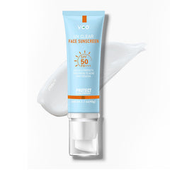 VGO Clear Face Sunscreen SPF 50 bottle front, oil-free protection.