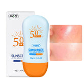 VGO Sunscreen Face SPF 50+ tube being applied for quick, light coverage without greasiness.