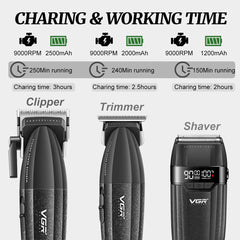 VGR 640S3 LED display shows battery status for ready grooming.