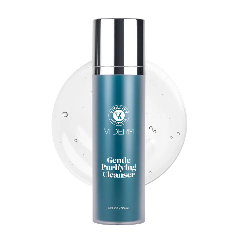VI DERM Gentle Purifying Cleanser bottle demonstrates daily hydrating cleanse for all skin types