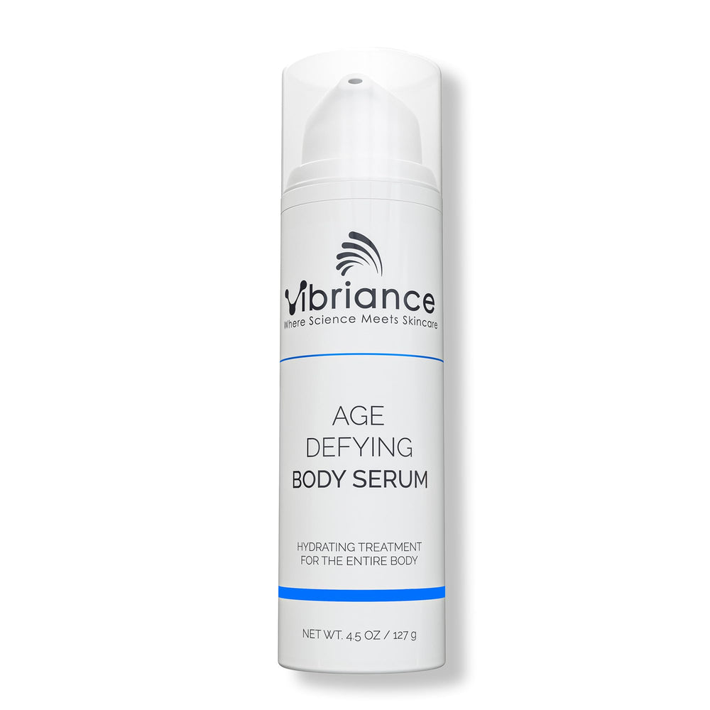 Vibriance Age Defying Body Serum bottle closeup shows lasting moisture