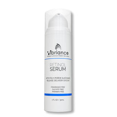 Vibriance Retinol Serum bottle pour showing night-time application.