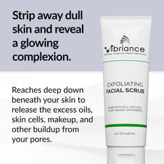 Vibriance Ultra-Gentle Face Scrub bottle front shows sulfate-free formula for all skin types.