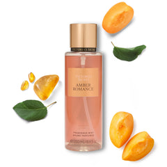 Victoria's Secret Amber Romance body mist bottle on shelf for confident day-to-night scent