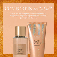 Victoria's Secret Bare Vanilla Shimmer Mist dispense closeup shows a shimmering finish
