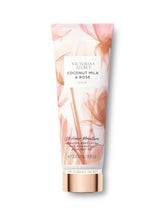 Victoria's Secret Coconut Milk & Rose lotion bottle highlights silky hydration and subtle fruity floral scent.
