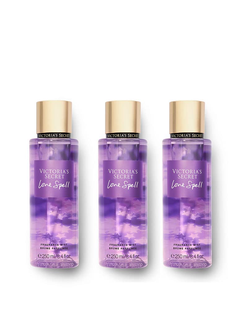 Victoria's Secret Love Spell body mist three-pack on display for quick refreshes.