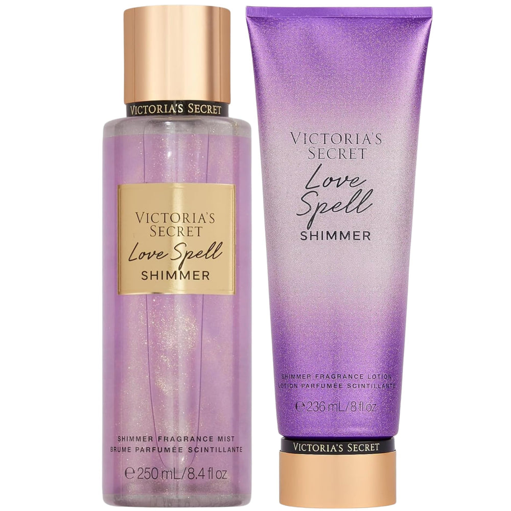 Victoria's Secret Love Spell Shimmer Mist bottle for long-lasting fragrance with a subtle sparkle.