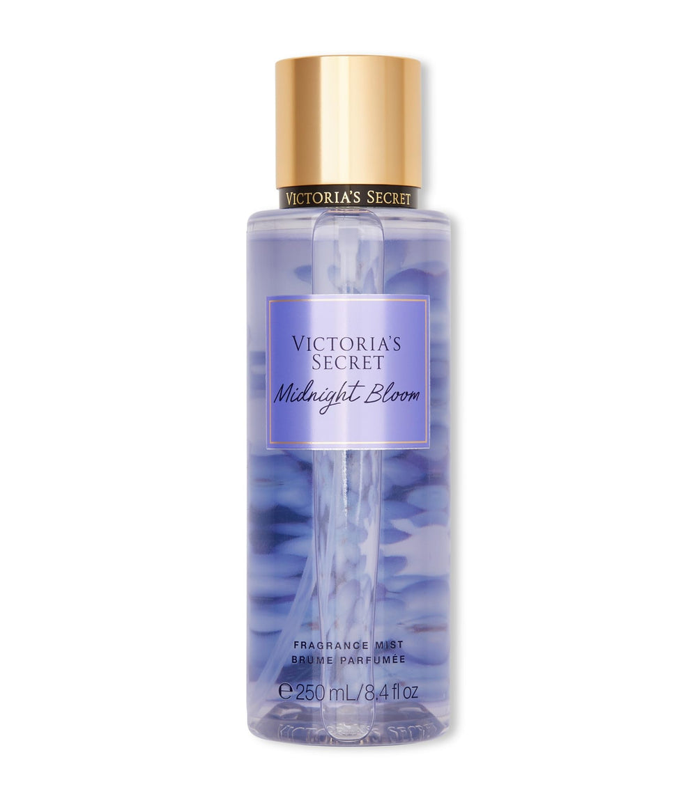 Victoria's Secret Midnight Bloom bottle front view, moonflower and creamy woods scent for confidence.