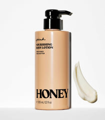 Victoria's Secret Pink Honey Nourishing Body Lotion label highlights Pure Honey