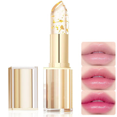 Vienflona color-changing lipstick tube closeup displaying adaptive pink shade for a personalized lip look.