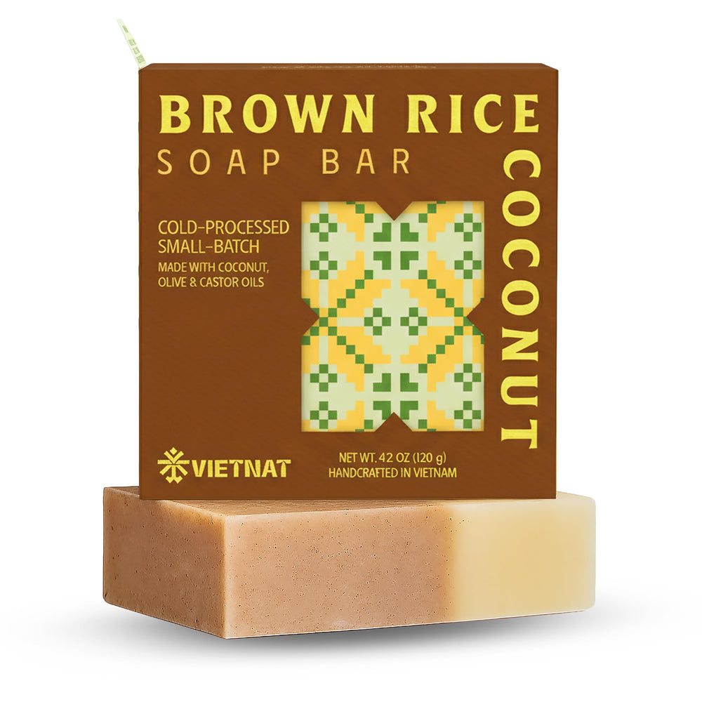 VIETNAT brown rice coconut milk soap bar pack shows compact, travel-friendly design for on-the-go cleansing.