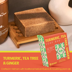 VIETNAT soap bar closeup exfoliation highlights finely milled powders for gentle polishing.