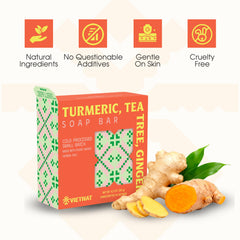 VIETNAT turmeric-tea-tree-ginger soap bar creamy-lather captured during wash for refreshed skin.