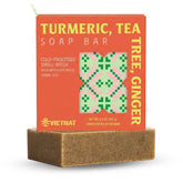 VIETNAT turmeric-tea-tree-ginger soap bar raw block showcases natural ingredients for everyday cleanse.