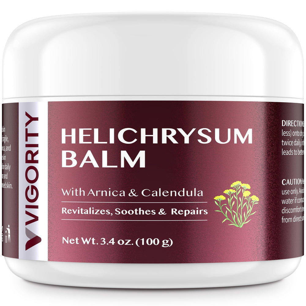 Vigority Helichrysum Balm jar closeup shows whipped texture for fast absorption and daily hydration.