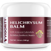 Vigority Helichrysum Balm jar closeup shows whipped texture for fast absorption and daily hydration.
