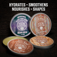 Viking Revolution pine-cedar beard balm tin conditions and shapes facial hair.