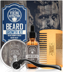 Viking Revolution beard growth kit oil bottle shows nourishing serum for healthy-looking beard