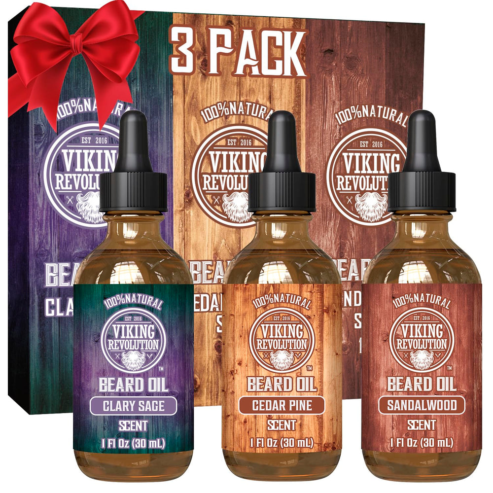 Viking Revolution Beard Oil 3 Pack sandalwood bottle for daily conditioning and scent.