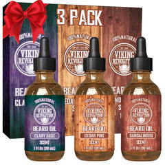 Viking Revolution Beard Oil 3 Pack sandalwood bottle for daily conditioning and scent.
