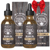 Viking Revolution beard oil spiced vanilla bottle for conditioning and fragrance.
