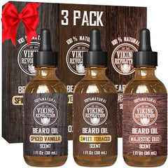 Viking Revolution beard oil spiced vanilla pour for a refined grooming ritual.