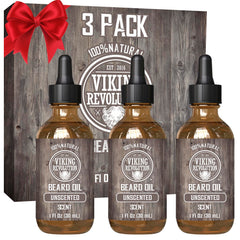 Viking Revolution beard oil unscented 3-pack bottles for easy grooming and conditioning.