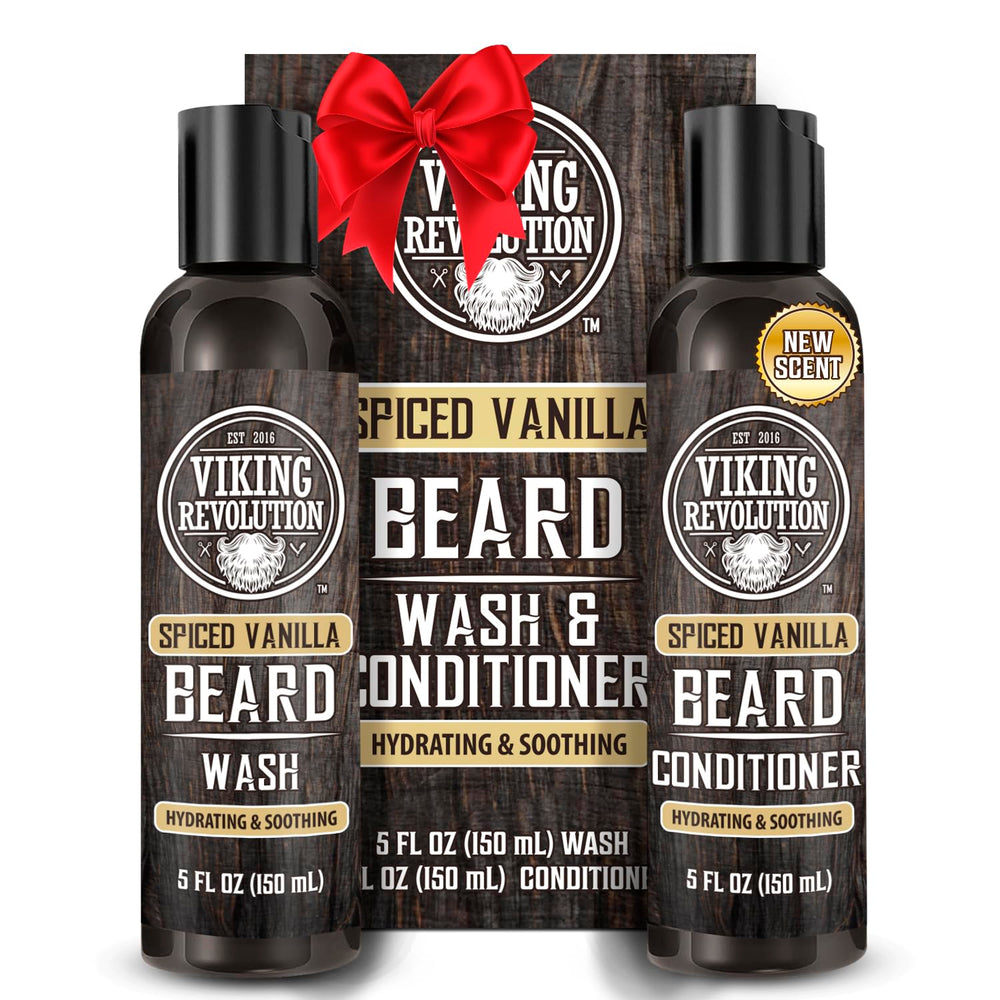 Viking Revolution beard wash bottle showing cleansing action for a refreshed beard