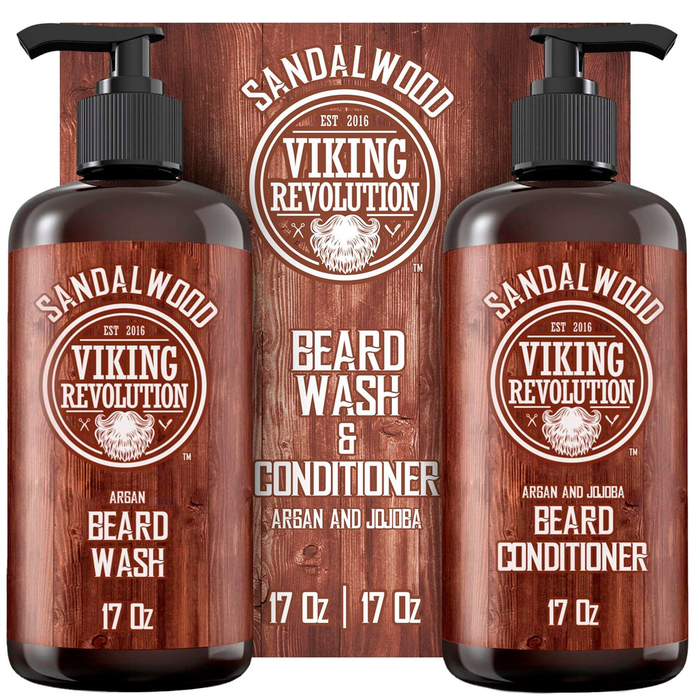 Viking Revolution beard wash-conditioner set sandalwood closeup shows hydrating cleanse for healthy beard.
