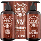 Viking Revolution beard wash-conditioner set sandalwood closeup shows hydrating cleanse for healthy beard.