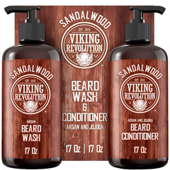 Viking Revolution beard wash-conditioner set sandalwood closeup shows hydrating cleanse for healthy beard.