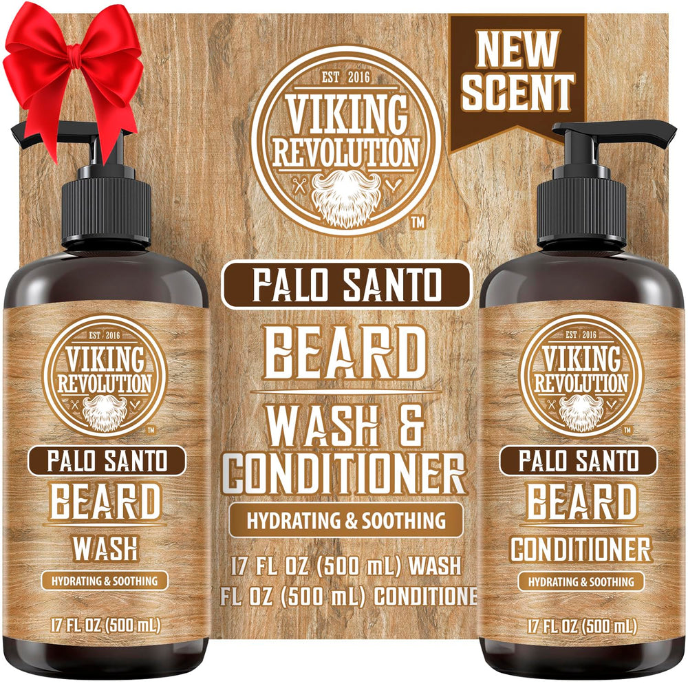 Viking Revolution Palo Santo beard wash bottle showing natural formula for healthier-looking beard