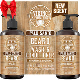 Viking Revolution Palo Santo beard wash bottle showing natural formula for healthier-looking beard