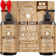 Viking Revolution Palo Santo beard wash bottle showing natural formula for healthier-looking beard