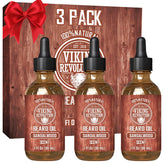 Viking Revolution sandalwood beard oil bottle close-up for moisturized, softer facial hair