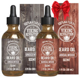 Viking Revolution sandalwood beard oil bottle, 2-pack, ready for daily conditioning.