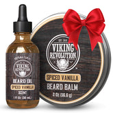 Viking Revolution spiced vanilla beard oil and balm kit on display for soft, manageable beard days.