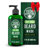 Viking Revolution Tea Tree Beard Wash bottle front view for refreshing beard care routine.
