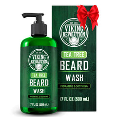 Viking Revolution Tea Tree Beard Wash bottle front view for refreshing beard care routine.