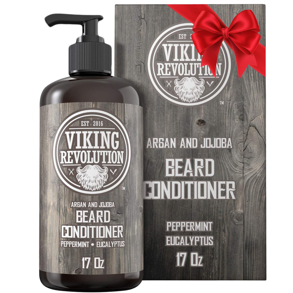 Viking Revolution beard conditioner bottle with Argan and Jojoba oils for deep hydration.