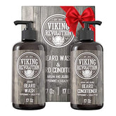 Viking Revolution beard wash bottle pour demonstrates cleansing action for a refreshed beard.