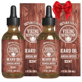 Viking Revolution sandalwood beard oil bottle conditions and softens beard.