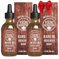 Viking Revolution sandalwood beard oil bottle conditions and softens beard.