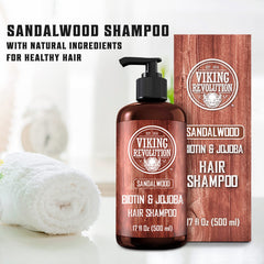 Viking Revolution sandalwood shampoo on shower shelf beside color-safe formula notes.