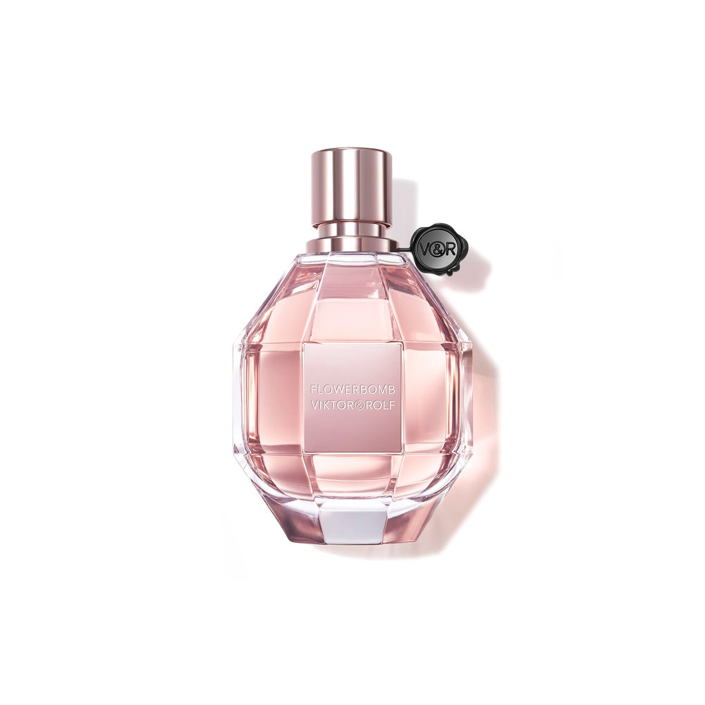 Viktor&Rolf Flowerbomb bottle closeup highlights luxurious floral notes for all-day fragrance.