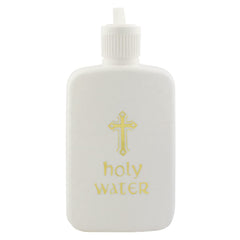 Village Gift Importers white holy water bottle front view for home blessings.