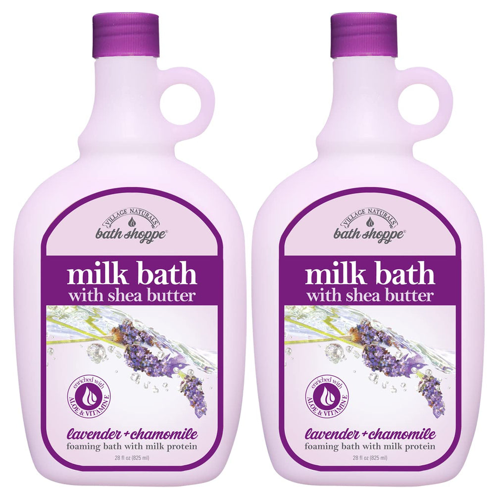 Village Naturals Bath Shoppe milk bath bottle with bubbles for relaxing spa-like soak