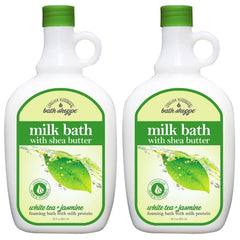 Village Naturals Bath Shoppe White Tea and Jasmine foam bath bottle pours relaxing bubbles